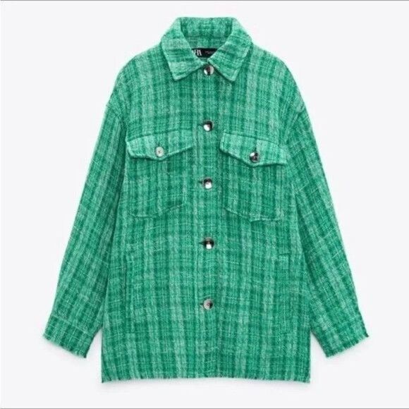 Zara Woven Plaid Overshirt in Green - Picture 1 of 8